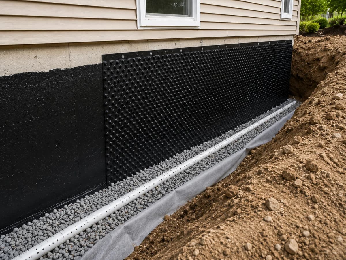 Exterior foundation waterproofing membrane and drain tile in an open excavation