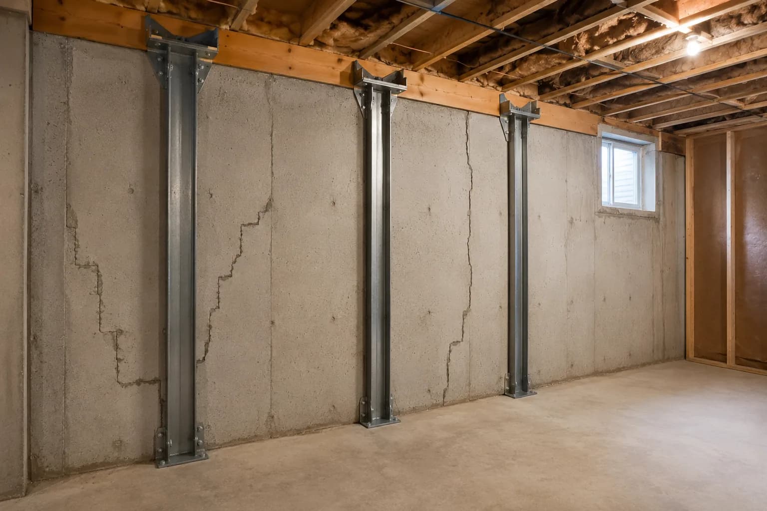 Foundation repair and waterproofing work being completed on a residential basement wall